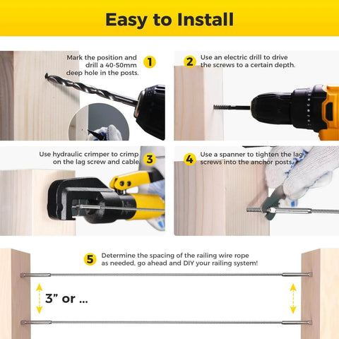 Installation steps for T316 Stainless Steel Cable Railing Hardware Kit on wood posts with drill and crimper tools.