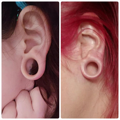 Close-up of ears with Six Pairs 00G Silicone Ear Gauges Tunnels Plugs Double Flared Soft Skin Flexible 10mm Earring Set