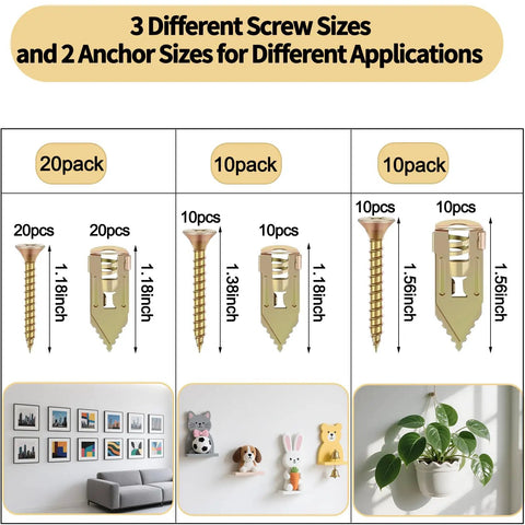 80 Piece Self Drilling Drywall Anchors And Screws Kit with zinc plated steel, showing 3 screw sizes and 2 anchor sizes for mounting.