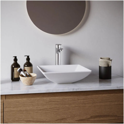 Quattro QM178 Vibrant Matte White 16 Inch Square Bathroom Vessel Sink For Above Counter Install With 100 Percent Acrylic Resin
