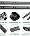 Heavy Duty Drawer Slides Detachable Two Fold Glides Black Metal Two Stage Extension Quiet Smooth Operation Built To Last Rust Resistant Steel With Ball Bearings And Anti Collision Rubber Pads For Cabinets., black cold rolled steel drawer slides with ball bearings and rubber pad closeup