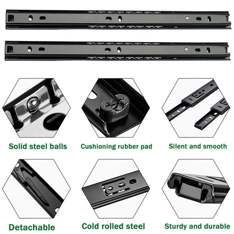 Heavy Duty Drawer Slides Detachable Two Fold Glides Black Metal Two Stage Extension Quiet Smooth Operation Built To Last Rust Resistant Steel With Ball Bearings And Anti Collision Rubber Pads For Cabinets., black cold rolled steel drawer slides with ball bearings and rubber pad closeup
