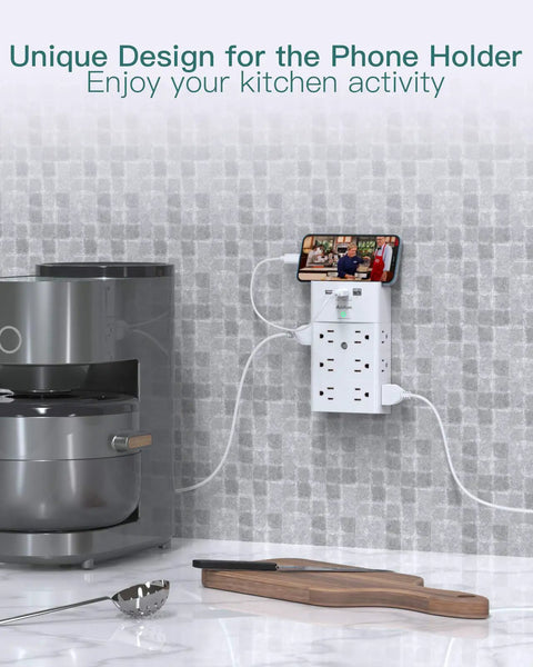 12 Outlet Surge Protector Wall Mount Power Strip With 3 USB Ports Including 1 USB C, kitchen use with phone holder