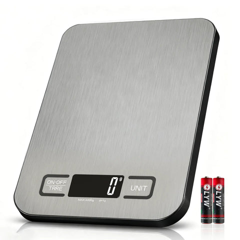 Ultra Precise Digital Kitchen Scale With 5Kg Capacity And 1G Increments Six Unit Modes Plus Tare And Macros LCD Readout Compact Design For Cooking And Baking Battery Powered With Included AAA Batteries Great For Portion Control, showing stainless steel surface and LCD.