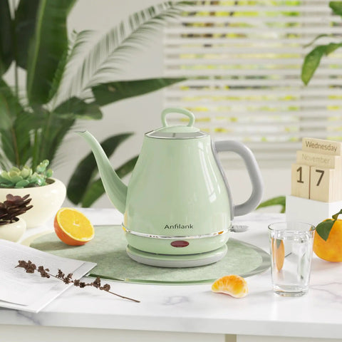 Gooseneck Electric Kettle 1L 1500W for Pour Over Coffee and Tea, Stainless Steel BPA Free Water Boiler With Auto Shutoff in green on table
