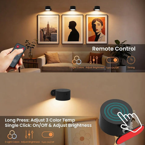 Fuligent 2 Pack LED Wall Sconces, Battery Operated Wall Lights for Bedroom Bedside, control remote and dimming features displayed.