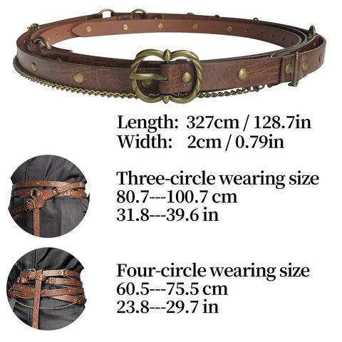 Snag This Fresh Medieval Faux Leather Wrap Belt To Kick Up Your Vintage Look With Adjustable Chain Details And A Snug Custom Fit That Elevates Your Everyday Streetwear Game Instantly, shown with sizes.