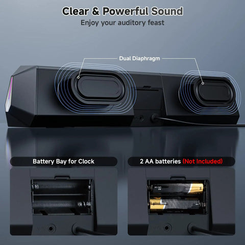 Back view of Bluetooth Computer Speakers Soundbar With Digital Clock Display showing battery bays for clock, dual diaphragm setup.