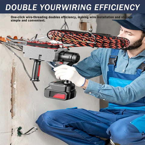 Heavy Duty Automatic Cable Puller And Wire Stringing Machine With No Sweat Operation, 150Kg Pulling Force, 15 Meter Reach, One Touch Control, Smooth Six Wheel Gearbox, Wall Mount Power Tool For Jobsites in use for efficient wire installation.