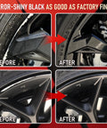 Gloss Black Wheel Scratch Repair Kit for Curb Rash and Scuffs, before and after rim restoration shown in four images