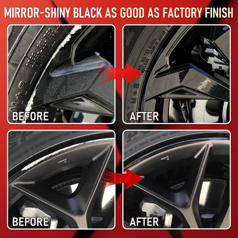 Gloss Black Wheel Scratch Repair Kit for Curb Rash and Scuffs, before and after rim restoration shown in four images