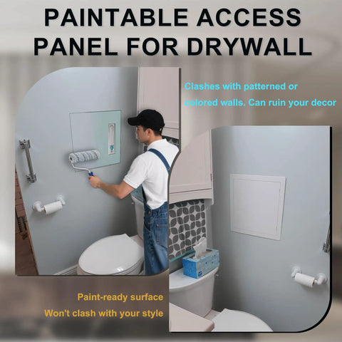 Pro Grade 24X36 Metal Wall Access Panel For Drywall Paintable Aluminum Hatch shown installed and being painted in a bathroom.