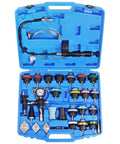 Real Deal Heavy Duty 28 Piece Radiator Pressure Tester And Pneumatic Vacuum Coolant Refill Kit For Domestic And Import Vehicles With Universal Cone Adapter Set in blue case.