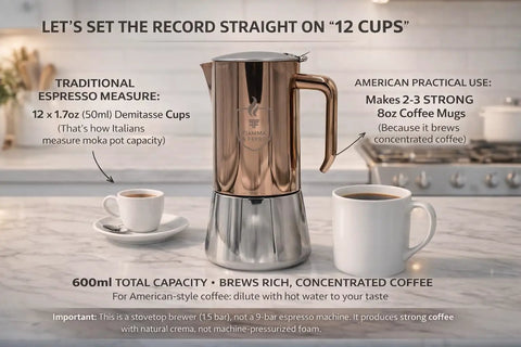 Premium Italian Espresso Maker 12 Cup Moka Pot In Stainless Steel With Copper PVD Finish Induction Compatible No Aluminum 20 Oz Coffee Pot For Rich Flavor And Clean Taste Barista Level At Home