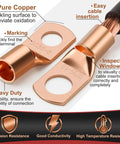 Copper Battery Cable Ends And Wire Lugs Assortment Kit With AWG 2 4 6 8 10 Gauge, 70Pcs Lugs, 80Pcs Ring Terminal Connectors, close-up of copper lugs showing features, including marking, inspection window, and corrosion resistance, highlighted for automotive and marine use.