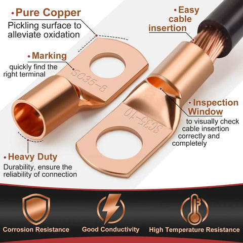 Copper Battery Cable Ends And Wire Lugs Assortment Kit With AWG 2 4 6 8 10 Gauge, 70Pcs Lugs, 80Pcs Ring Terminal Connectors, close-up of copper lugs showing features, including marking, inspection window, and corrosion resistance, highlighted for automotive and marine use.