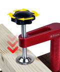 Woodworking Workbench Dog Clamps For 19mm And 20mm Holes, Aluminum Holdfasts in use, clamping wood securely with red knob
