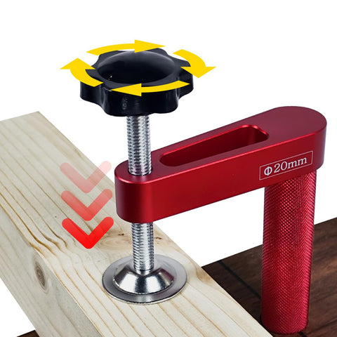 Woodworking Workbench Dog Clamps For 19mm And 20mm Holes, Aluminum Holdfasts in use, clamping wood securely with red knob