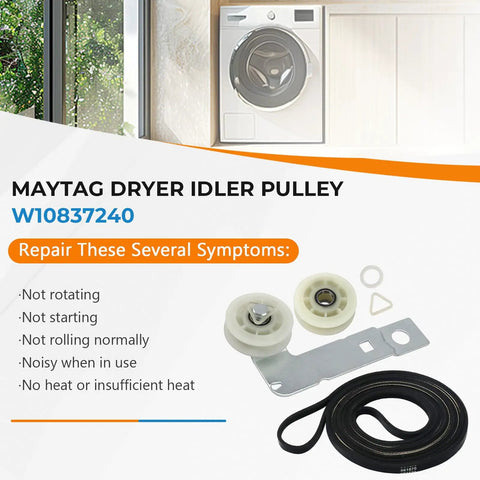 Upgraded Dryer Drive Belt Kit With Idler Pulley And Pulley Kit 661570V 661570 279640 W10837240 on display with symptoms list
