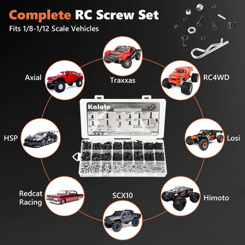 Ultra Strong 633 Piece RC Screw Kit With 10.9 Grade Carbon Steel High Tensile Hex Screws Assortment display with RC models.