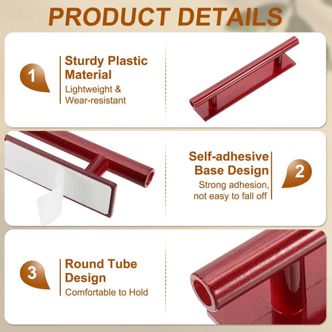 8 Pack Self Stick Push Pull Helpers Round Plastic Cabinet Handles Adhesive Grab N Go Stick On Door Pulls For Kitchen Cabinets Windows Closets Wardrobes Red Durable Grip For Easy Access, red plastic handle details
