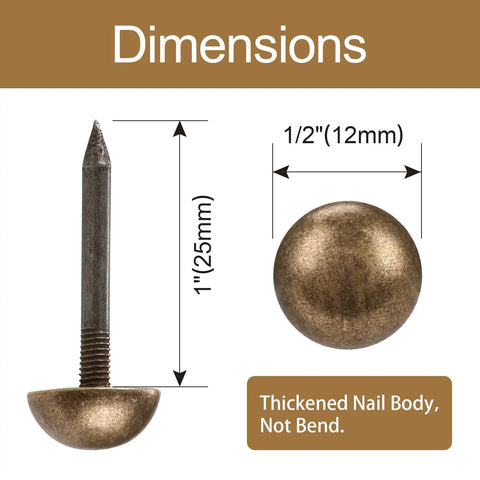 Top Shelf Solid Brass Antique Upholstery Tacks With Realistic Bronze Hue Heavy Duty Furniture And Carpet Thumb Tacks Size Half Inch dimensions with thickened nail body