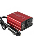 Premium 150W Car Power Inverter 12V DC To 110V AC Converter Cigarette Lighter Adapter With Dual Fast Charge USB Ports And Standard Outlet For Gadgets On The Go Classic Red with power plug and USB ports visible.