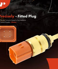 Close-up of A-Premium 4-pin engine coolant temperature sensor with orange connector and brass housing.