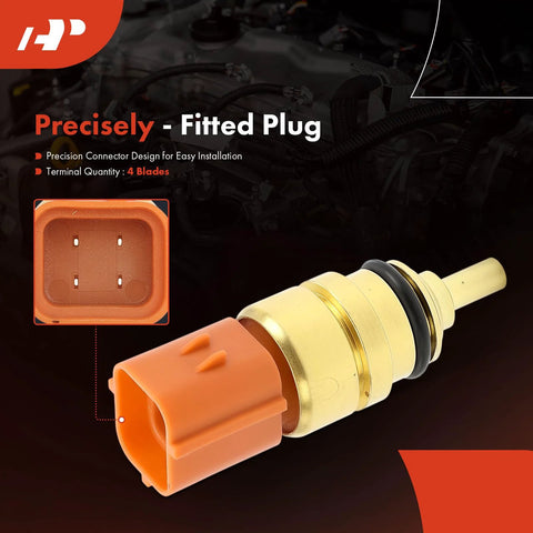 Close-up of A-Premium 4-pin engine coolant temperature sensor with orange connector and brass housing.