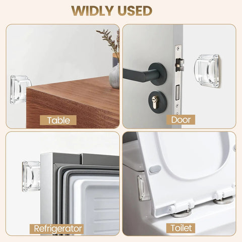 Six Piece Clear Silicone Door Stoppers And Wall Bumper Shields With Heavy Duty Peel And Stick Backing For Slick Door Handle Defense And Smooth Door Swing That Keeps Your Drywall Looking Crisp And Rental Ready used on various surfaces like table, door, refrigerator, and toilet.
