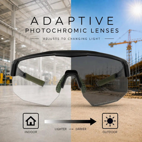 Boss Level Z87 Plus Impact Rated Safety Glasses Featuring Hella Slick Photochromic Lenses showing adaptive tint from indoor to outdoor.