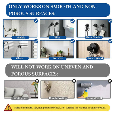 Total Game Changer For Your Washroom Matte Black 6 Pack Suction Hooks on smooth surfaces like glass and tile, showing use in bathrooms.
