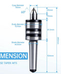 MT5 Live Center For CNC Wood And Metal Lathe, 60 Degree Morse Taper, 5MT Shank dimensions highlighted, showing cusp and shank sizes.