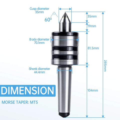 MT5 Live Center For CNC Wood And Metal Lathe, 60 Degree Morse Taper, 5MT Shank dimensions highlighted, showing cusp and shank sizes.
