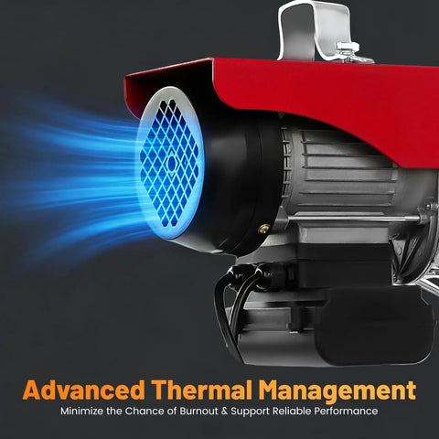 110 Volt Electric Hoist 220lbs Capacity With Remote Control And Wired Operation close-up of motor with blue thermal management features.