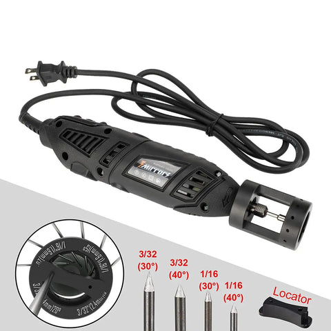 Ultra Portable Aluminum Tungsten Grinder Kit with 12 Guides and 4 Angles, includes CNC mandrel and tungsten electrode sharpener.