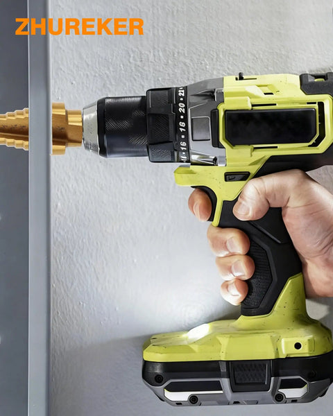 Hand holding drill with Pro Grade Heavy Duty HSS Titanium Step Drill Bit Set, drilling into metal with automatic center punch.