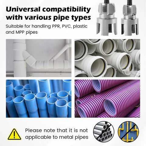 Image showcasing 4 In 1 Universal Pipe Wrench Set For PVC Plastic Threads with various pipe types, including PVC and PPR.
