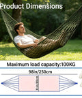 Breathable Mesh Hammock With Nylon Net For Easy Setup Rope Style Hang Loose Outdoors 98 X 31.5 Inches 100 Kg Capacity Perfect For Camping Backyard Tree Hanging Olive Green displayed with dimensions and a man relaxing in it.