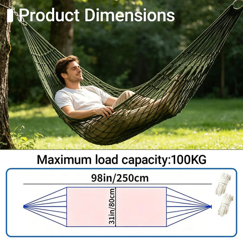Breathable Mesh Hammock With Nylon Net For Easy Setup Rope Style Hang Loose Outdoors 98 X 31.5 Inches 100 Kg Capacity Perfect For Camping Backyard Tree Hanging Olive Green displayed with dimensions and a man relaxing in it.