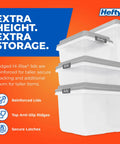 Rock Solid Stackable Plastic Storage Bins With Lids, Hella Spacious 98 Quart Hi Rise Containers For Home Garage And Closets, Snap Lock Grid Tops Shield Your Gear, Gray Four Pack with reinforced lids.