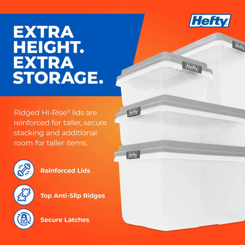 Rock Solid Stackable Plastic Storage Bins With Lids, Hella Spacious 98 Quart Hi Rise Containers For Home Garage And Closets, Snap Lock Grid Tops Shield Your Gear, Gray Four Pack with reinforced lids.