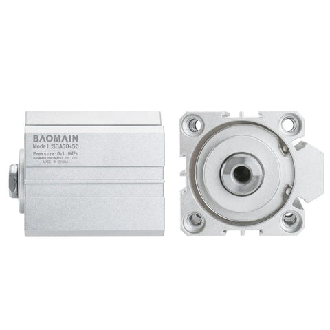 Compact Double Acting Air Cylinder Workhorse with 50mm Bore 50mm Stroke, aluminum body, PT1/4 ports, and M10x1.5 threaded rod