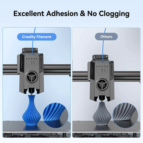 Creality 3D printer filament extruder with blue PLA 1.75mm forming a spiral vase; side-by-side with gray Others filament.