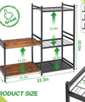 Heavy Duty Steel Garden Tool Rack With Two Tier Wooden Shelves And Six Hooks For Garage Organization, measurements shown