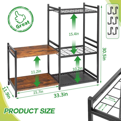 Heavy Duty Steel Garden Tool Rack With Two Tier Wooden Shelves And Six Hooks For Garage Organization, measurements shown