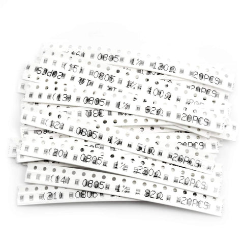 Front view of white 0805 SMD resistor tape strips; several strips with 0805 markings.