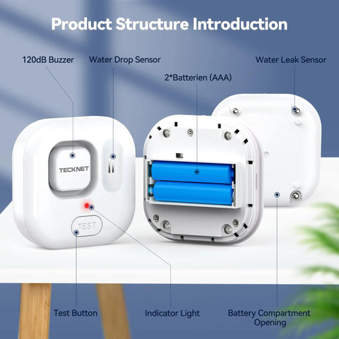 Water Leak Detector Alarm System For Home With 120dB Siren And Multi Probe Sensing IP66 Waterproof For Bathroom Kitchen Laundry Basement And More 3 Pack Battery Included, rear battery view