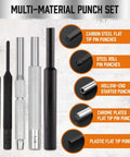 Multi-material punch set including carbon steel flat tip punches and steel roll pin punches, part of the 22-Piece Punch and Hammer Set With Interchangeable Hammer Heads.