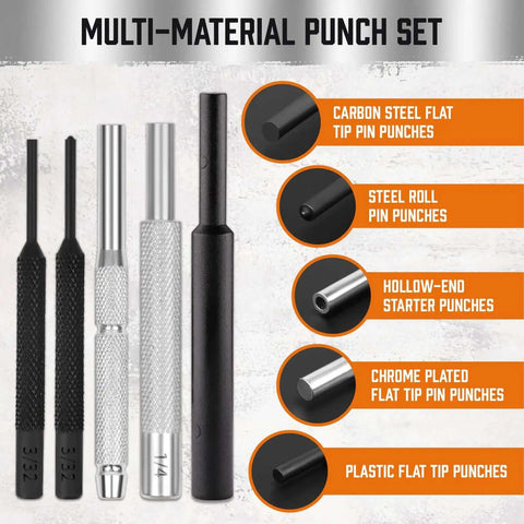 Multi-material punch set including carbon steel flat tip punches and steel roll pin punches, part of the 22-Piece Punch and Hammer Set With Interchangeable Hammer Heads.